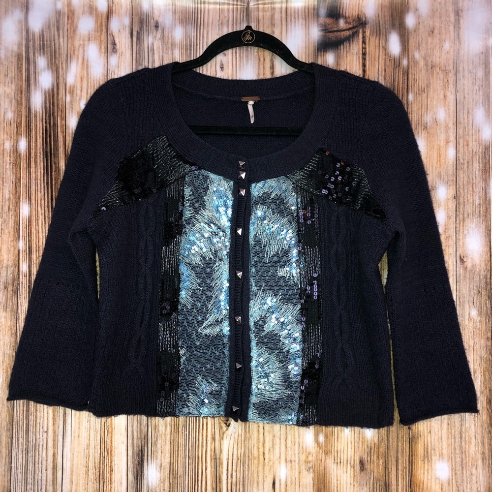 Free People Navy Sequin Metallic Angora Wool Crop Cardigan